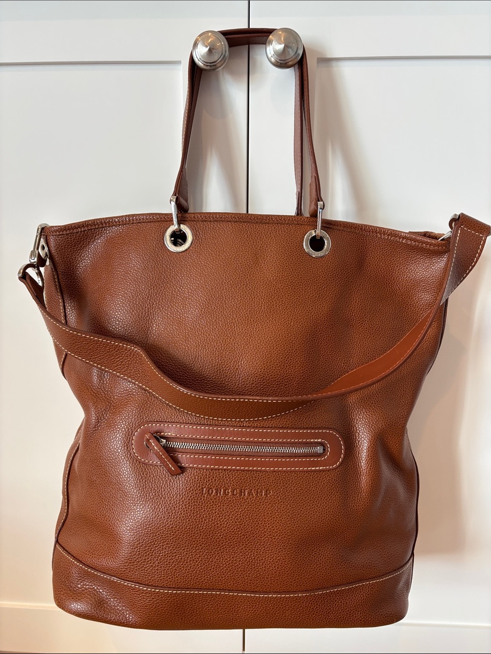 Longchamp Cognac Pebbled Leather Tote with Front Zip - Picture 1 of 7